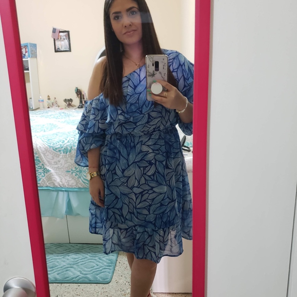 Blue and White Print One-Shoulder Dress
